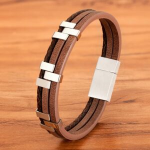 (Brown) Three-Layer Stainless Steel Leather Bracelet