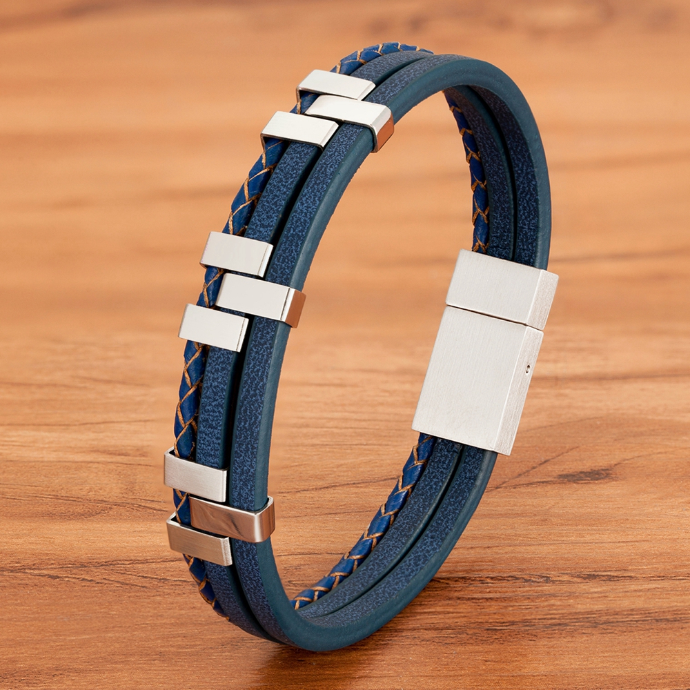(Blue) Three-Layer Stainless Steel Leather Bracelet