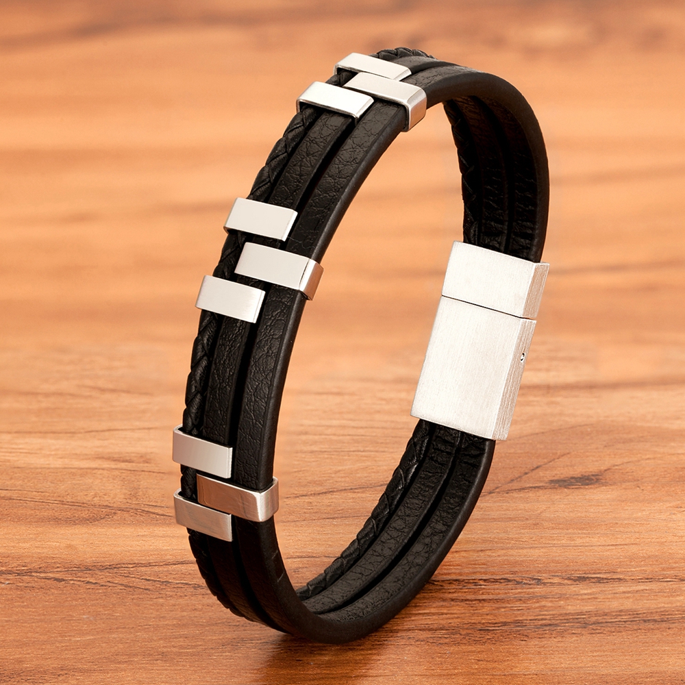 (Black) Three-Layer Stainless Steel Leather Bracelet
